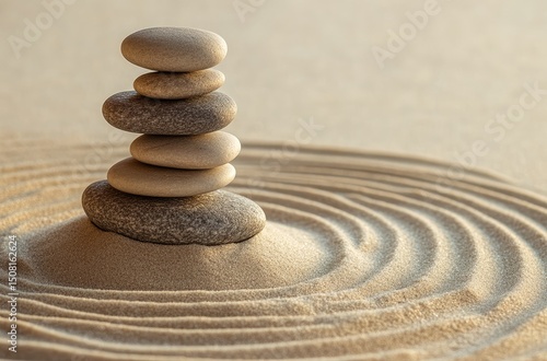 Stones balanced on sand, zen garden