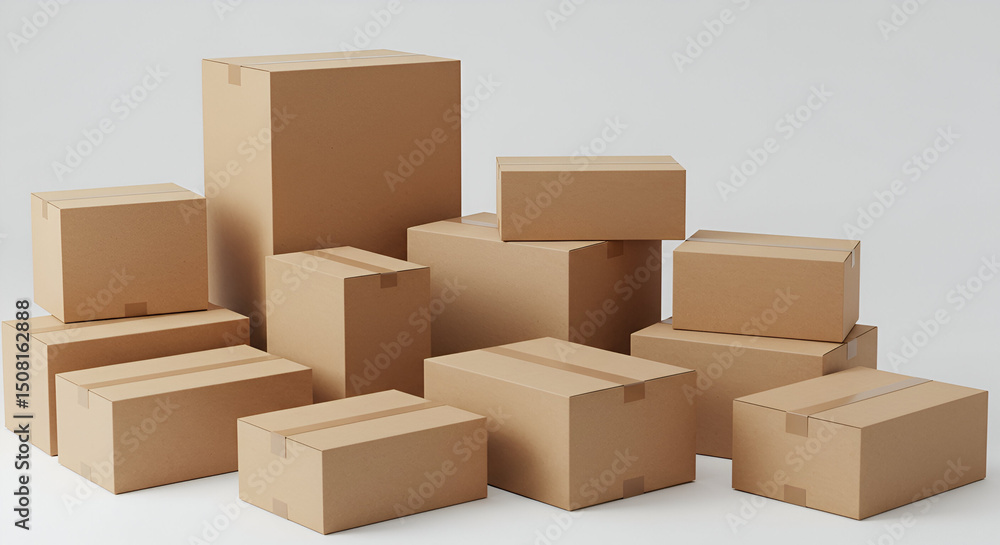 Cardboard boxes of various sizes stacked and arranged in a studio setting. A collection of neutral, unbranded cardboard boxes displays varied heights and dimensions. Cardboard boxes of various sizes stacked and arranged in a studio setting. A collection of neutral, unbranded cardboard boxes displays varied heights and dimensions.
