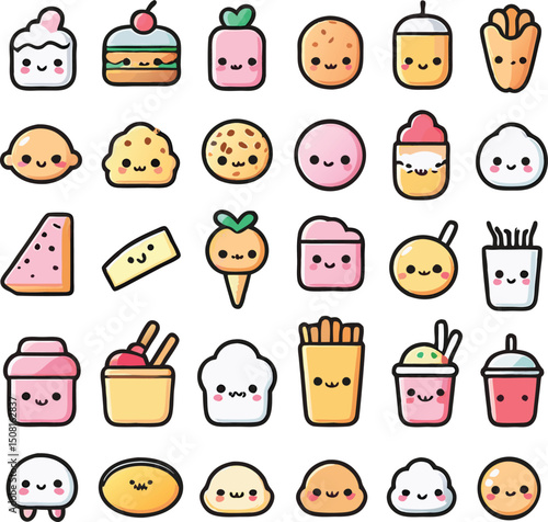 Kawaii food icons cute cartoon dessert snacks