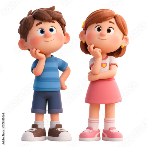 Two cute cartoon children smiling and posing.