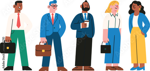 Group of diverse professional businesspeople standing with briefcases and coffee, teamwork concept, flat vector illustration isolated