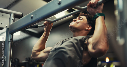 Slika na platnu Fitness, man and exercise on pull up bar at gym for shoulder muscle, bicep strength or bodybuilding performance