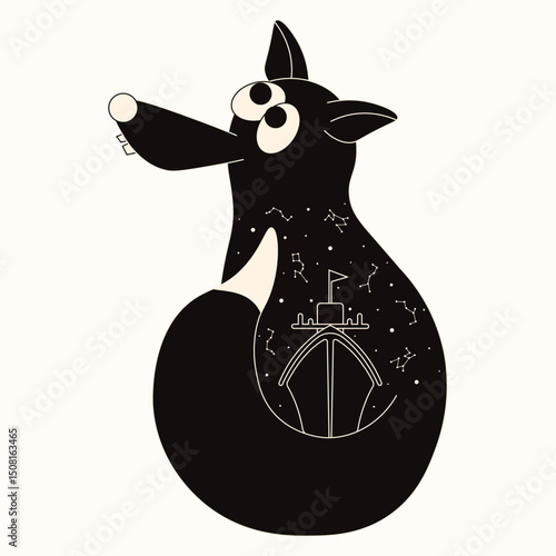 Modern animal art. Vector illustration of black fox with abstract art. Arctic fox isolated white background. Perfect t-shirt print sticker copybook cover. EPS 10