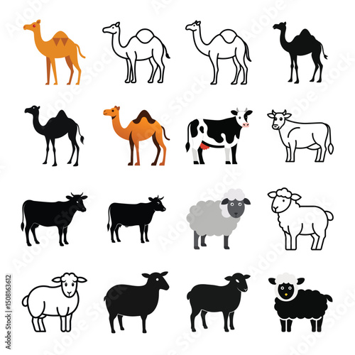 set of animals camel cow and sheep colorful outline and silhouette 16 set icon isolated on white background