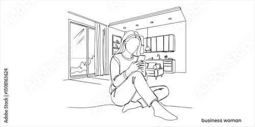 Relaxing girl at new real estate apartment home using mobile phone online app continuous single line art drawing sketch on white background