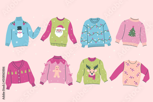 Set of Christmas ugly sweaters in pink, green and blue colors. Vector graphics.