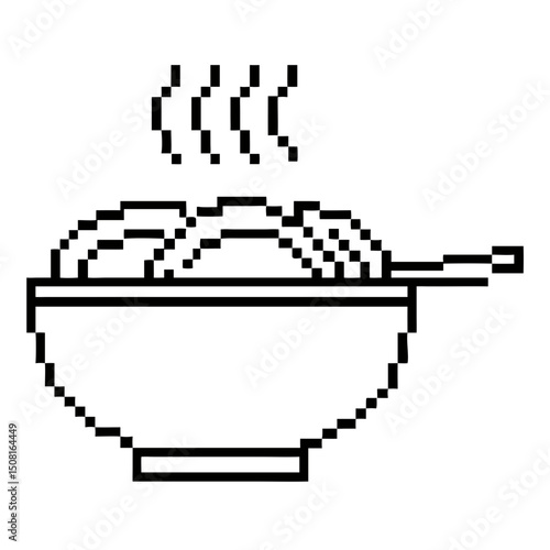 spaghetti with cultery in bowl in pixel  style with steam rising