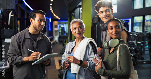 Φωτογραφία Personal trainer, talking and group with membership in gym, explaining and info for training routine