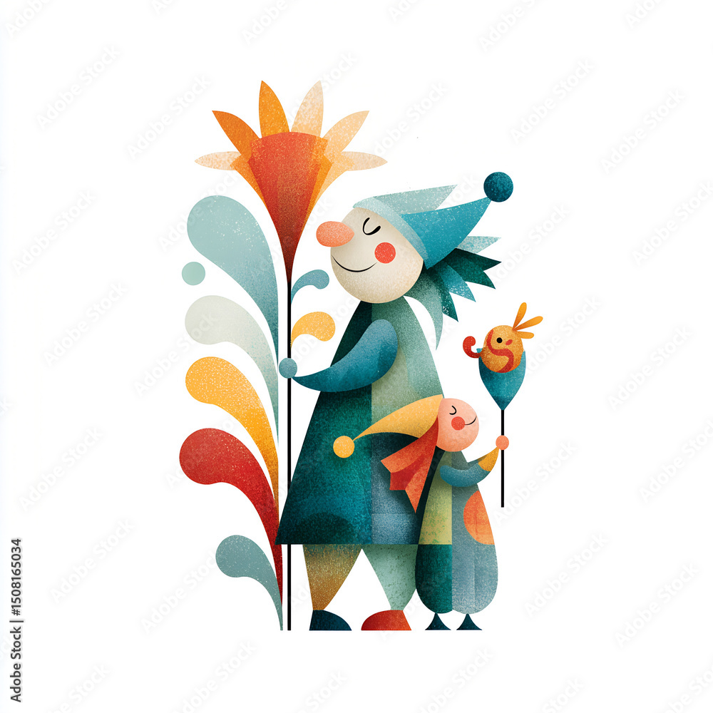 Naklejka premium Cartoon clown illustration with a festive flower bouquet, perfect for a fun birthday celebration or winter carnival