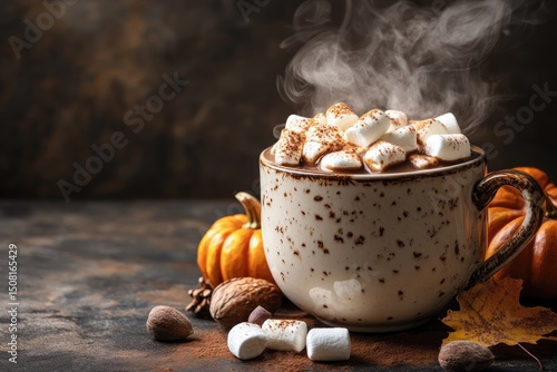 Autumnal hot chocolate steaming in a mug