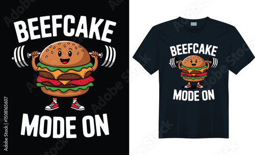 Funny Burger Mascot Lifting Weights T-Shirt Design – “Beefcake Mode On” – Vector Art on Black Background