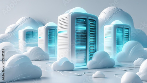 Minimal cloud AI servers with futuristic design, vector illustration featuring geometric shapes and glowing gradients for digital technology content.