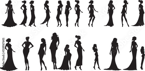  women silhouettes in diverse poses on a white background. Modern flat design aesthetic, eerie creepy atmosphere. Warm golden glow, dark tones, unsettling details, simple two-dime