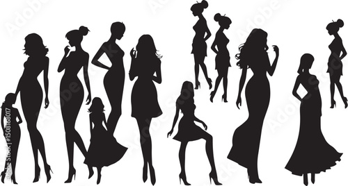  women silhouettes in diverse poses on a white background. Modern flat design aesthetic, eerie creepy atmosphere. Warm golden glow, dark tones, unsettling details, simple two-dime