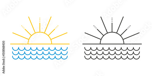Line icon sunset color black version. Simple outline image of sun that sets into the sea. Ocean waves and sun with rays logo, vector graphics