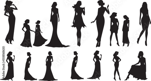  women silhouettes in diverse poses on a white background. Modern flat design aesthetic, eerie creepy atmosphere. Warm golden glow, dark tones, unsettling details, simple two-dime