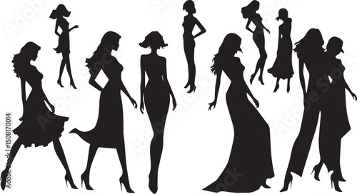  women silhouettes in diverse poses on a white background. Modern flat design aesthetic, eerie creepy atmosphere. Warm golden glow, dark tones, unsettling details, simple two-dime