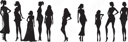  women silhouettes in diverse poses on a white background. Modern flat design aesthetic, eerie creepy atmosphere. Warm golden glow, dark tones, unsettling details, simple two-dime