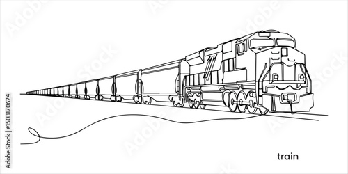 Freight train with locomotive continuous single line art drawing sketch on white background