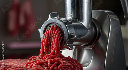Fototapeta Naklejka Na Ścianę i Meble -  Meat Grinder in Action: Close-up of Ground Beef Production