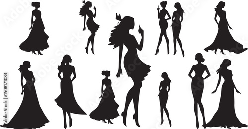  women silhouettes in diverse poses on a white background. Modern flat design aesthetic, eerie creepy atmosphere. Warm golden glow, dark tones, unsettling details, simple two-dime