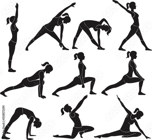 Silhouettes of people doing yoga