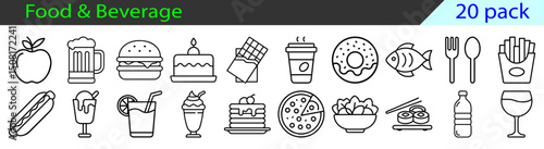 Food and Beverage Icons Featuring Diverse Dishes and Refreshments for Various Needs