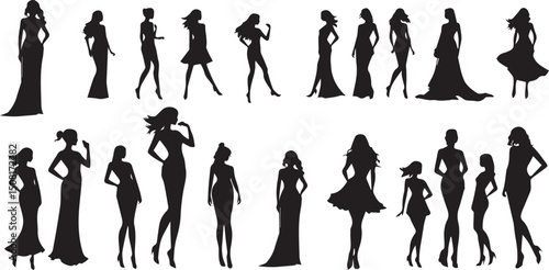  women silhouettes in diverse poses on a white background. Modern flat design aesthetic, eerie creepy atmosphere. Warm golden glow, dark tones, unsettling details, simple two-dime