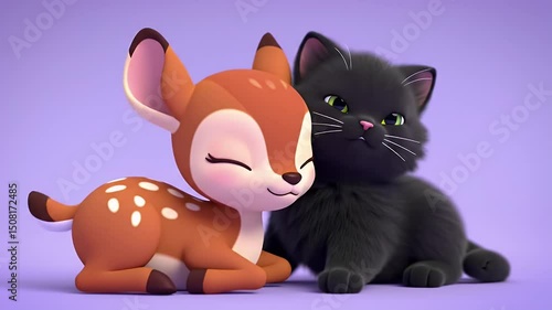 Kawaii Black Cat Nuzzling Brown Fawn 3D Render in Soft Pastel Color on Purple Background