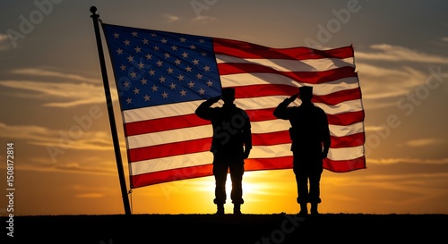 Silhouetted Soldiers Saluting American Flag at Sunset