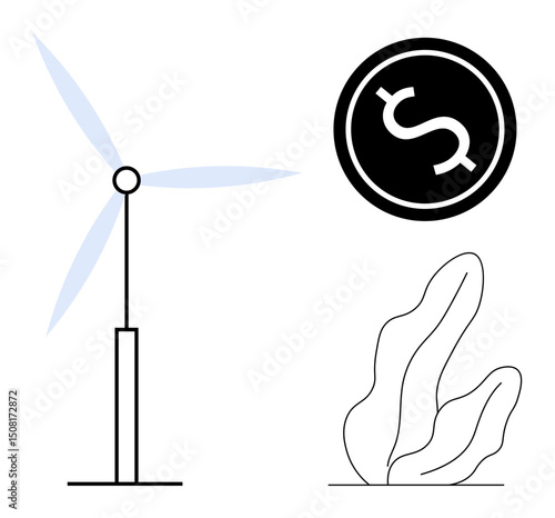Wind turbine generating power, dollar sign symbolizing financial growth, and abstract plant outline. Ideal for sustainability, renewable energy, eco-investments, clean energy, green business