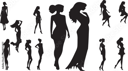  women silhouettes in diverse poses on a white background. Modern flat design aesthetic, eerie creepy atmosphere. Warm golden glow, dark tones, unsettling details, simple two-dime