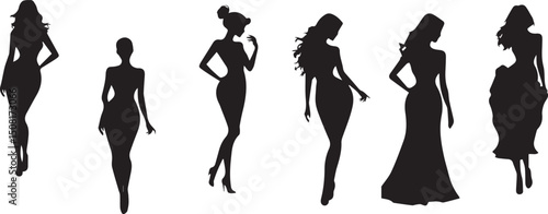  women silhouettes in diverse poses on a white background. Modern flat design aesthetic, eerie creepy atmosphere. Warm golden glow, dark tones, unsettling details, simple two-dime