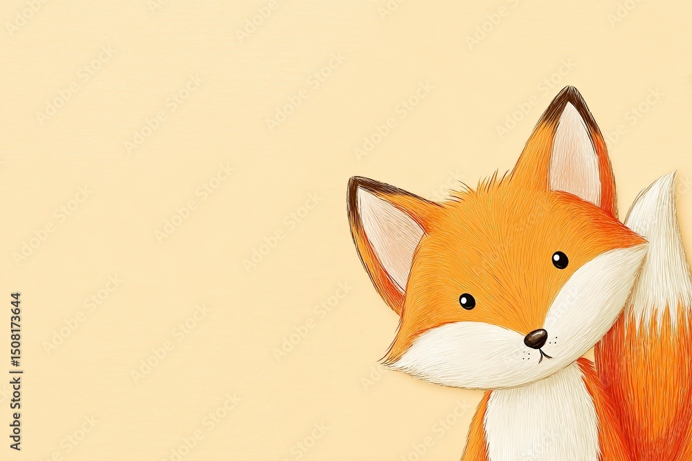 Obraz premium Cute orange fox illustration with large eyes and fluffy tail, set against a soft pastel background, perfect for children's designs and playful themes