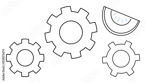 Three interlocked gear shapes with detailed edges paired with a sliced circular segment. Ideal for teamwork, innovation, creativity, technology, problem-solving, process efficiency, simple landing