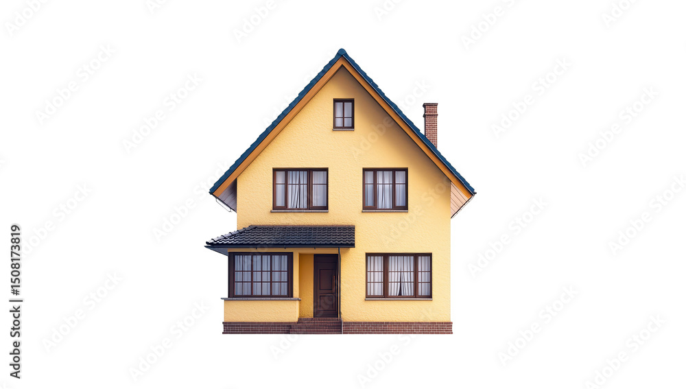 A charming two-story yellow house with a dark-brown roof, windows, and door, sits on a small stoop A charming two-story yellow house with a dark-brown roof, windows, and door, sits on a small stoop