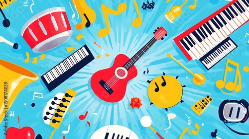 Colorful musical instruments in a vibrant design.