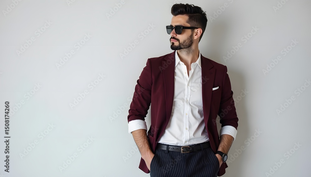 Obraz premium Stylish man in burgundy blazer and white shirt, posing confidently.