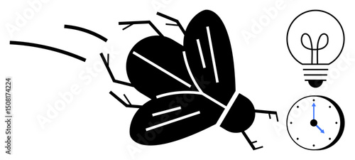 Black insect in motion near conceptual lightbulb and clock representing innovation, urgency, speed, creativity, energy, productivity, and efficiency. Ideal for sustainability, workflow