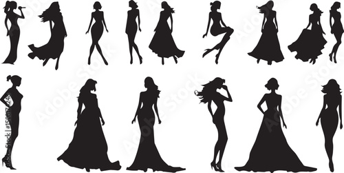  women silhouettes in diverse poses on a white background. Modern flat design aesthetic, eerie creepy atmosphere. Warm golden glow, dark tones, unsettling details, simple two-dime