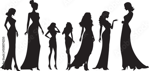  women silhouettes in diverse poses on a white background. Modern flat design aesthetic, eerie creepy atmosphere. Warm golden glow, dark tones, unsettling details, simple two-dime