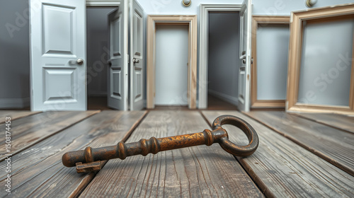 A worn, rusty key lies on a weathered wooden table, surrounded by open doors and empty frames, symbolizing