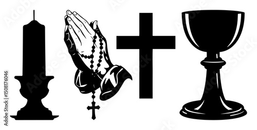 religious symbols praying hands cross candle and chalice