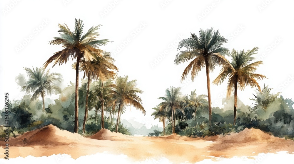 A watercolor painting of palm trees and sandy ground under a clear sky, evoking a tropical and serene landscape. A watercolor painting of palm trees and sandy ground under a clear sky, evoking a tropical and serene landscape.