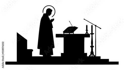priest preaching at altar church scene silhouette illustration