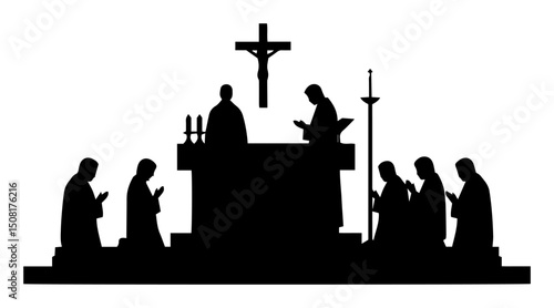 church mass with priest and praying people silhouette illustration