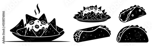 mexican food icons nachos tacos and burritos silhouette vector shape black engraving laser cutting