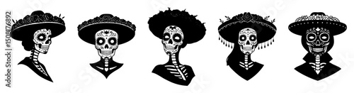 set of mexican sugar skull women silhouettes vector shapes black engraving laser cutting