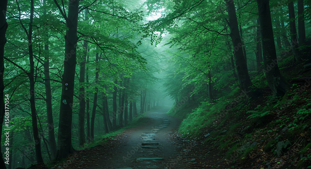 Fototapeta premium Mysterious Foggy Forest Path Enchanting Green Trees Stone Walkway Misty Atmosphere