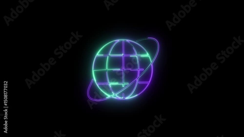 Neon globe icon cyan purple color glowing animation black background. Representing the internet or global connectivity on a black background